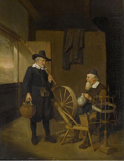 Interior with angler and man behind a spinning wheel., Quirijn van Brekelenkam